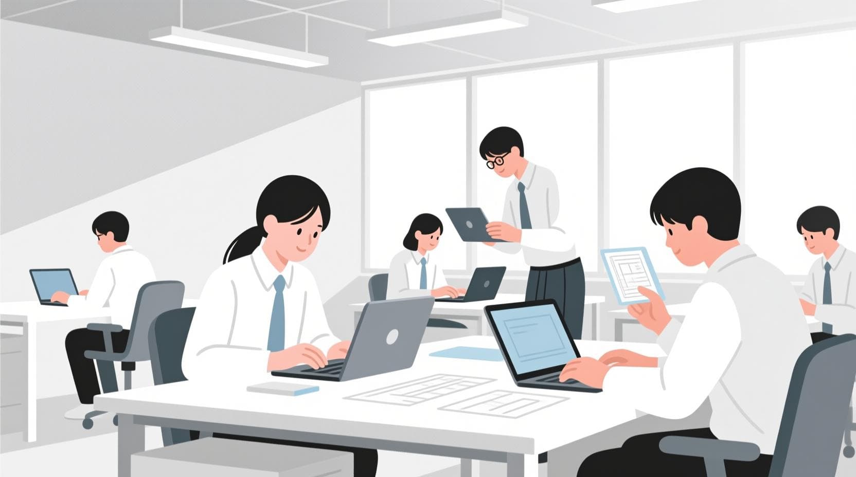 Students collaborating with laptops in a modern lab